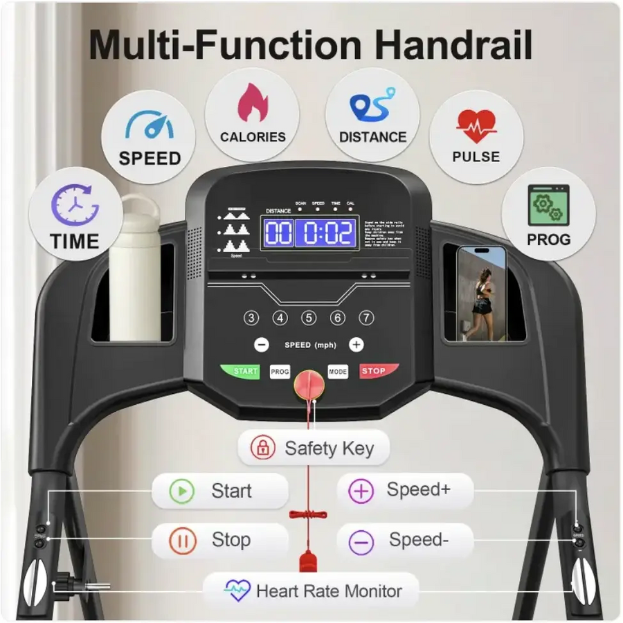 Black multi-function handrail with digital display showing speed, distance, calories, and pulse metrics.