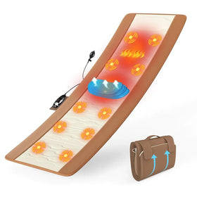 Brown electric massage mat with heating and vibration zones, featuring a compact carrying case.