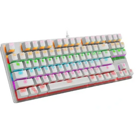 A white mechanical keyboard with colorful rgb backlighting on the keys.