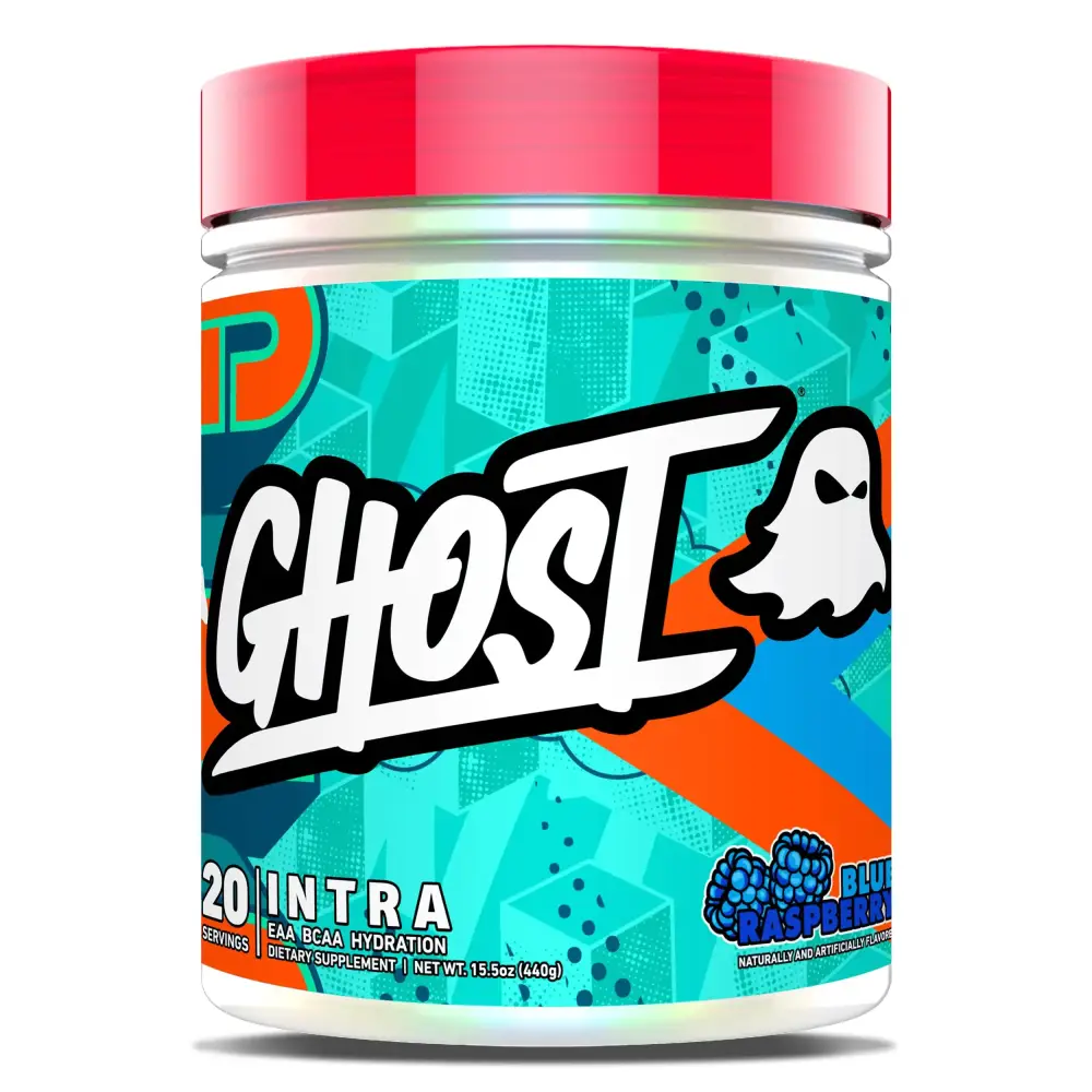 Ghost brand blue raspberry flavored eaa bcaa hydration powder in a clear jar with a red lid and vibrant teal, orange, and black label design.