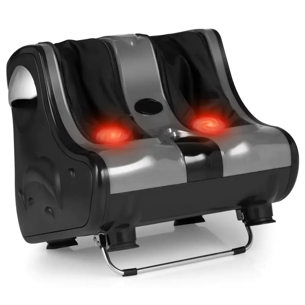 Black and silver foot massager with red glowing lights.