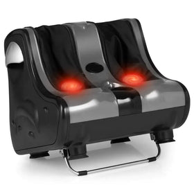 Black and silver foot massager with red glowing lights.