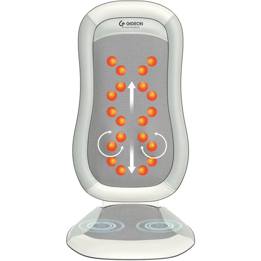 White gideon massage chair cushion with orange circular nodes and mesh fabric.