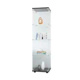Modern glass display cabinet with black frame and shelves, featuring a sleek minimalist design.