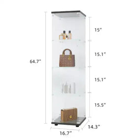 Tall, transparent acrylic display case with black top and bottom frames.