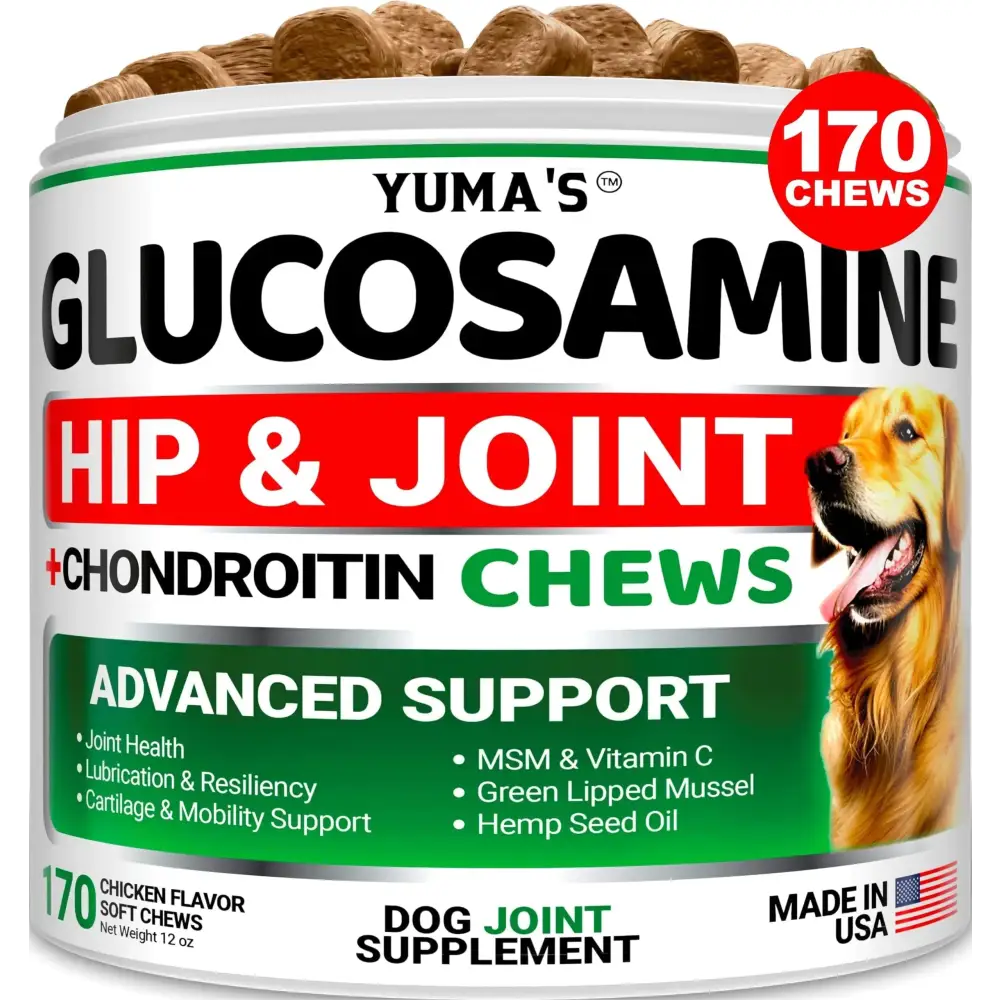 Yuma’s glucosamine hip & joint chews in a white cylindrical container with green and red accents, featuring 170 chicken-flavored soft chews for dog joint support.