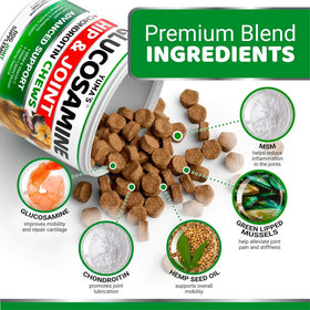 Brown, round dog joint support chews spilling from a white and green labeled container.