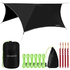 Black gold armour tarp with neon green rope and red stakes.