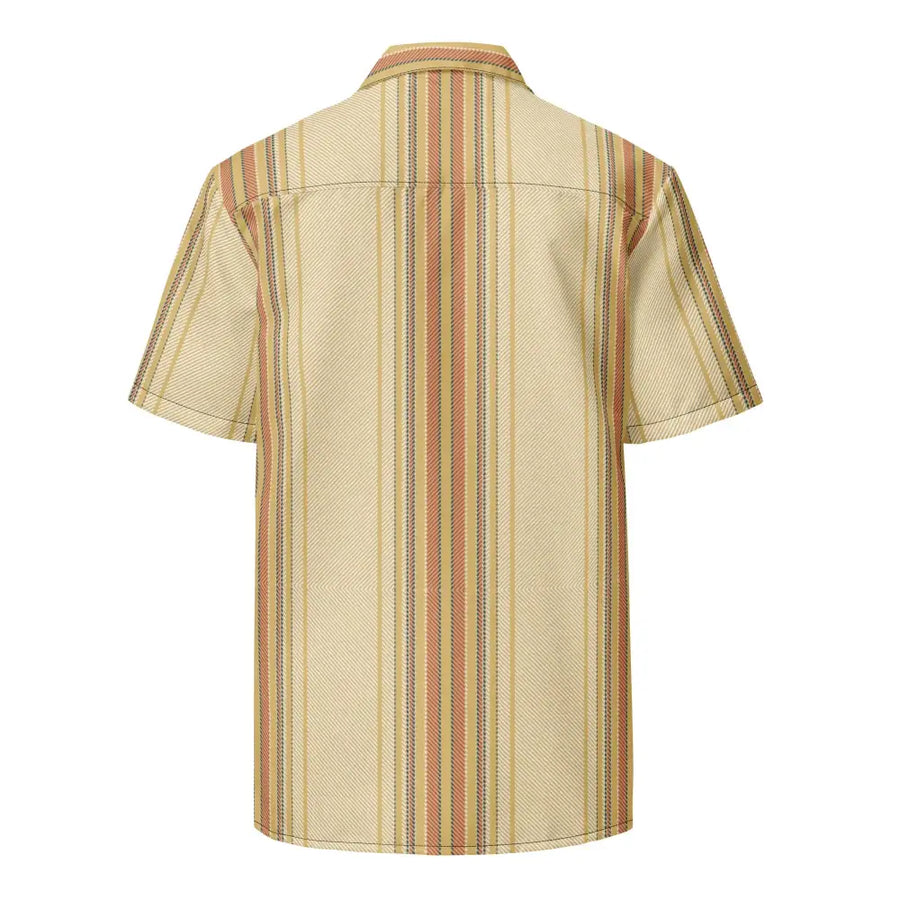 A short-sleeved button-up shirt with vertical stripes in beige, rust orange, and dark gray on a textured fabric.