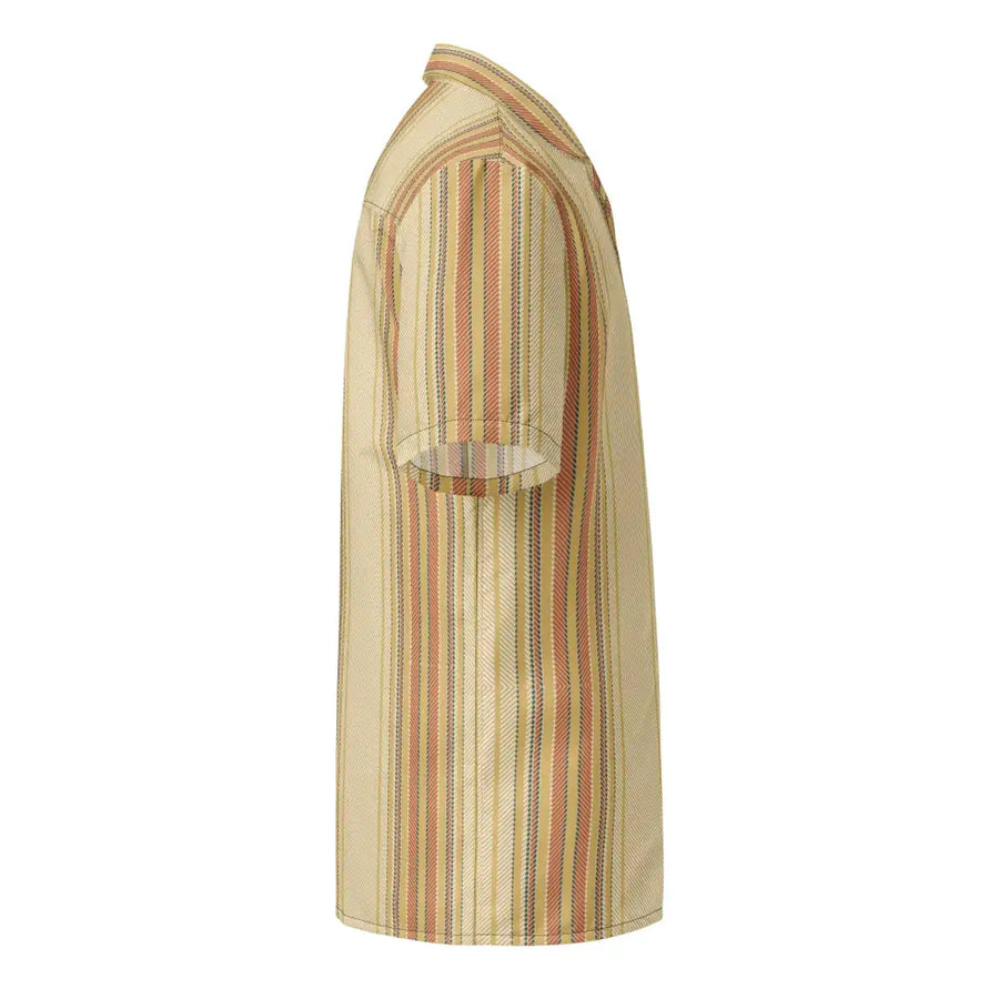 A short-sleeved polo shirt with a collar, featuring vertical stripes in beige, rust orange, and dark brown on a textured fabric.
