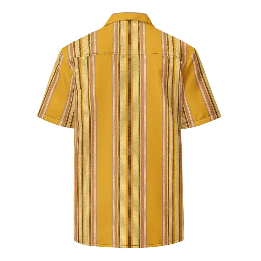 A short-sleeved button-up shirt with vertical stripes in mustard yellow, beige, and dark brown.