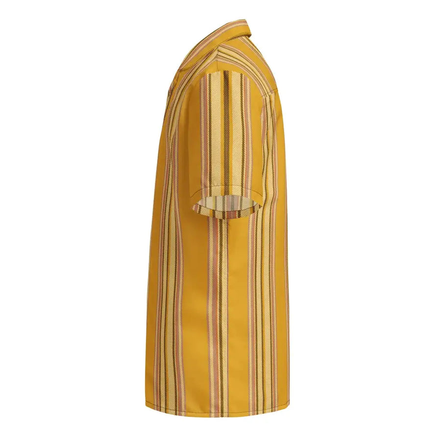 A vibrant yellow short-sleeved shirt with vertical stripes in shades of brown, beige, and cream.