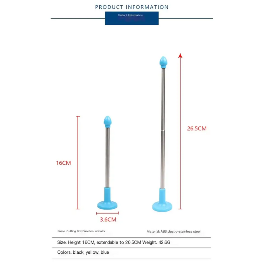 Blue plastic and stainless steel cutting rod direction indicator with extendable design.