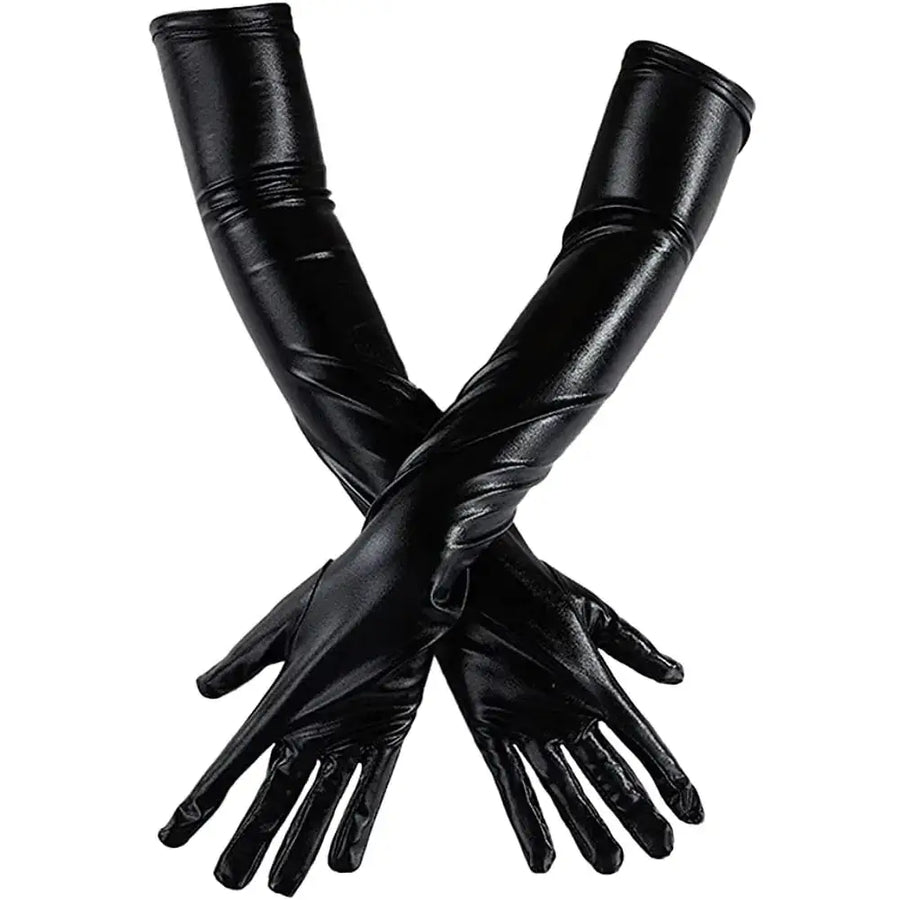 Black, glossy faux leather gloves with a sleek, elongated design.