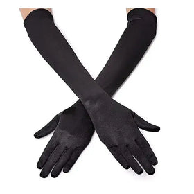 Black satin opera gloves with a smooth, glossy finish and elegant, elongated design.