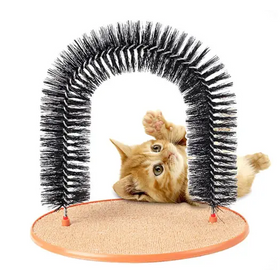 A black, arched cat toy with bristles and a textured base.
