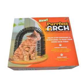 Orange and black purrfect arch self-groomer and massager for cats, featuring durable bristles on a sturdy carpet base.