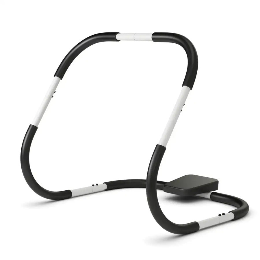 Black and white adjustable ab workout machine with padded grips.