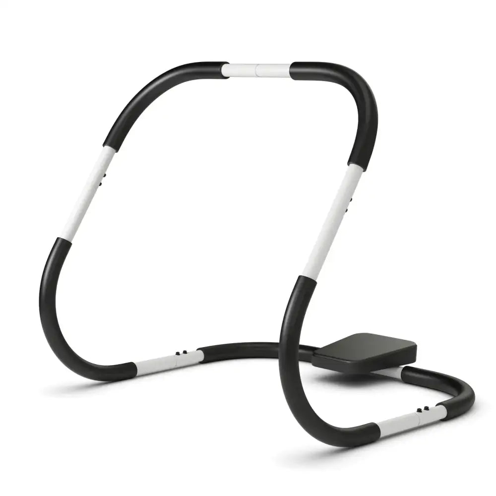 Black and white adjustable ab workout machine with padded grips.