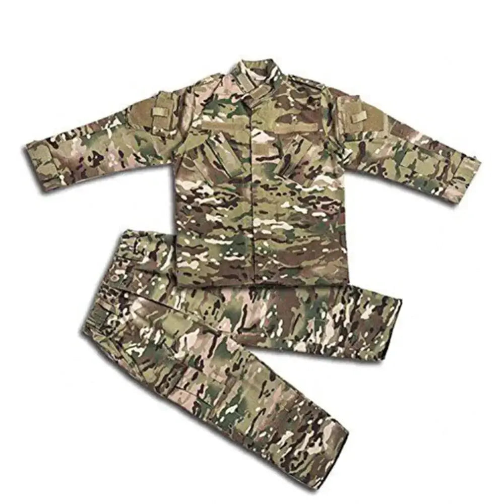 Multicam-patterned military-style two-piece uniform set.