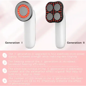 White handheld facial device with red led lights arranged in a circular pattern on one end and four square clusters on the other, featuring smooth plastic bodies.