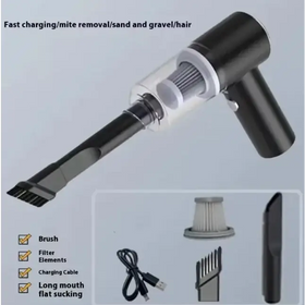 Black handheld vacuum cleaner with transparent dust collection chamber and multiple attachments.