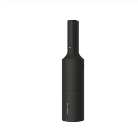 Black cylindrical handheld vacuum cleaner with a sleek matte finish and subtle branding on the lower section