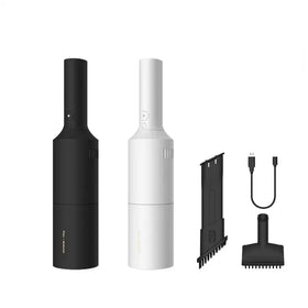 Black and white handheld vacuum cleaners with detachable attachments and usb charging cable