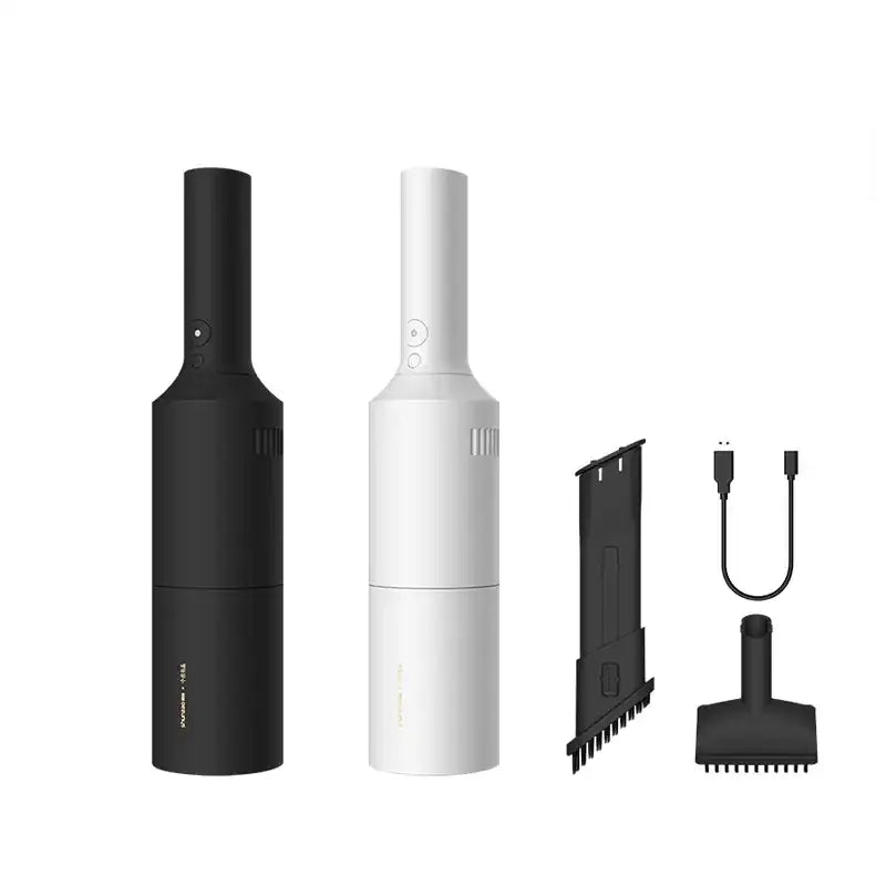 Black and white handheld vacuum cleaners with detachable attachments and usb charging cable