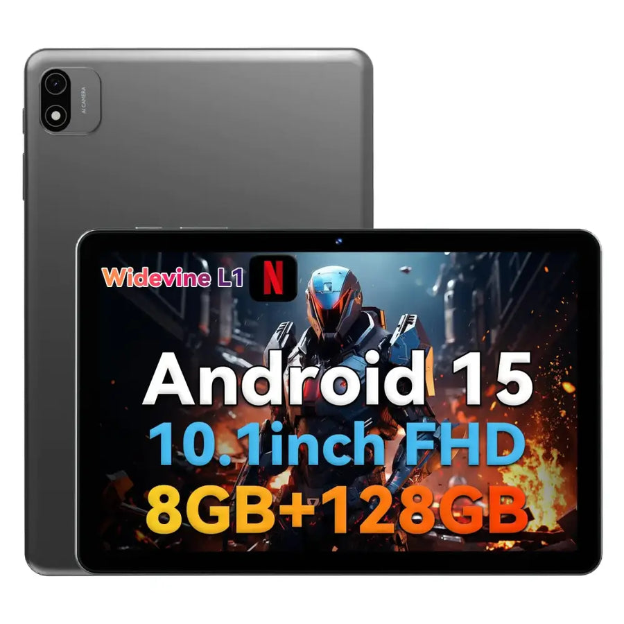 Gray metallic tablet with a 10.1-inch fhd screen displaying an android 15 interface and featuring 8gb ram plus 128gb storage, branded as widevine l1.