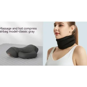 Black inflatable neck support with textured surface and contoured design
