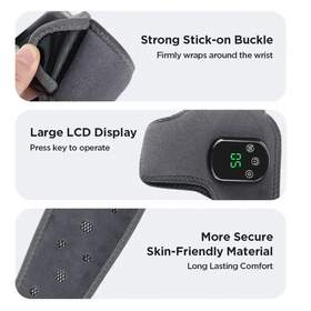 Gray fabric wrist wrap with a digital display and stick-on buckle.