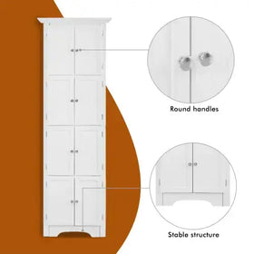 White tall cabinet with round silver handles and a stable structure.