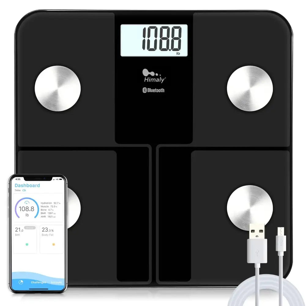 Black himaly bluetooth smart scale with silver circular sensors and a digital display showing weight readings.
