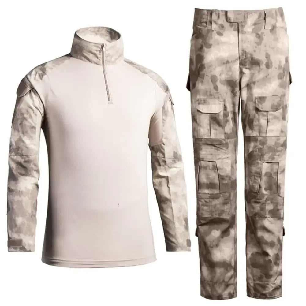 Tan and gray digital camouflage tactical shirt with a half-zip collar, paired with matching pants featuring multiple cargo pockets.