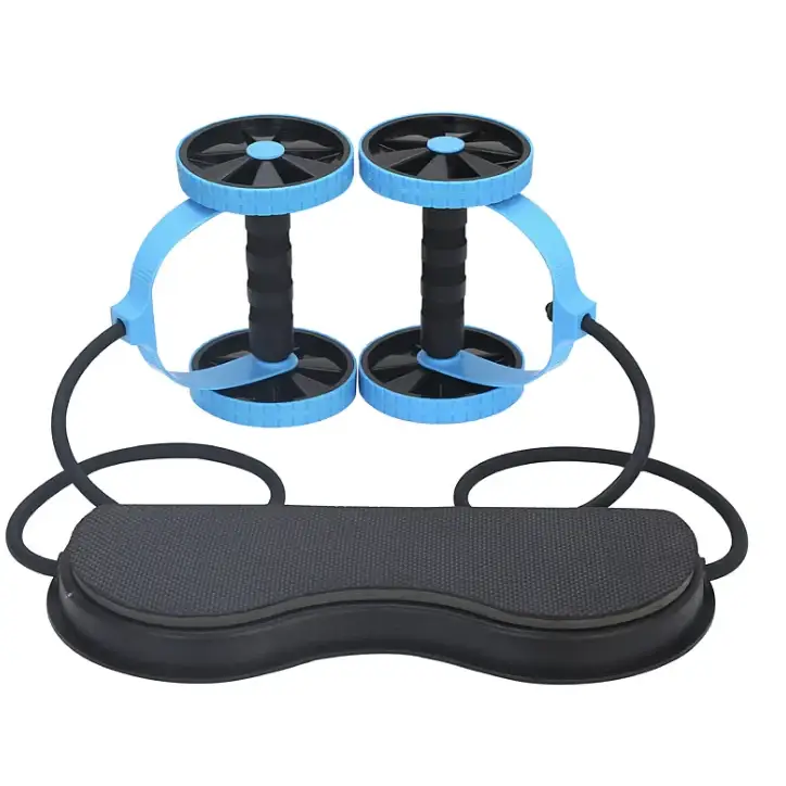 Blue and black rolling exercise wheels with a padded base.