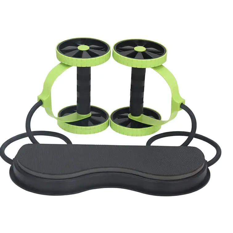 Lime green and black rolling wheel exercise equipment with a textured grip handlebar.