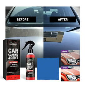 Red spray bottle of homonth car coating agent with black nozzle and label, displayed next to its packaging box.
