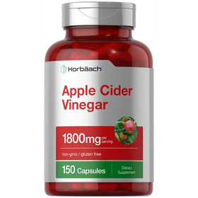 Red plastic bottle with silver cap and white label featuring ’apple cider vinegar’ in red text, indicating 1800mg per serving and containing 150 capsules.