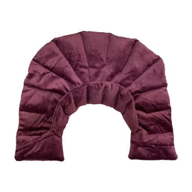 A plush, maroon-colored neck pillow with a quilted, fan-like design and soft, velvety texture.