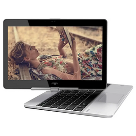 Silver dell latitude 3240 convertible laptop with a black keyboard and touchscreen display showing an image of a woman in floral attire.