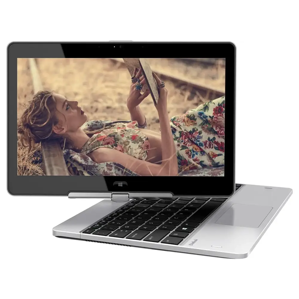 Silver dell latitude 3240 convertible laptop with a black keyboard and touchscreen display showing an image of a woman in floral attire.