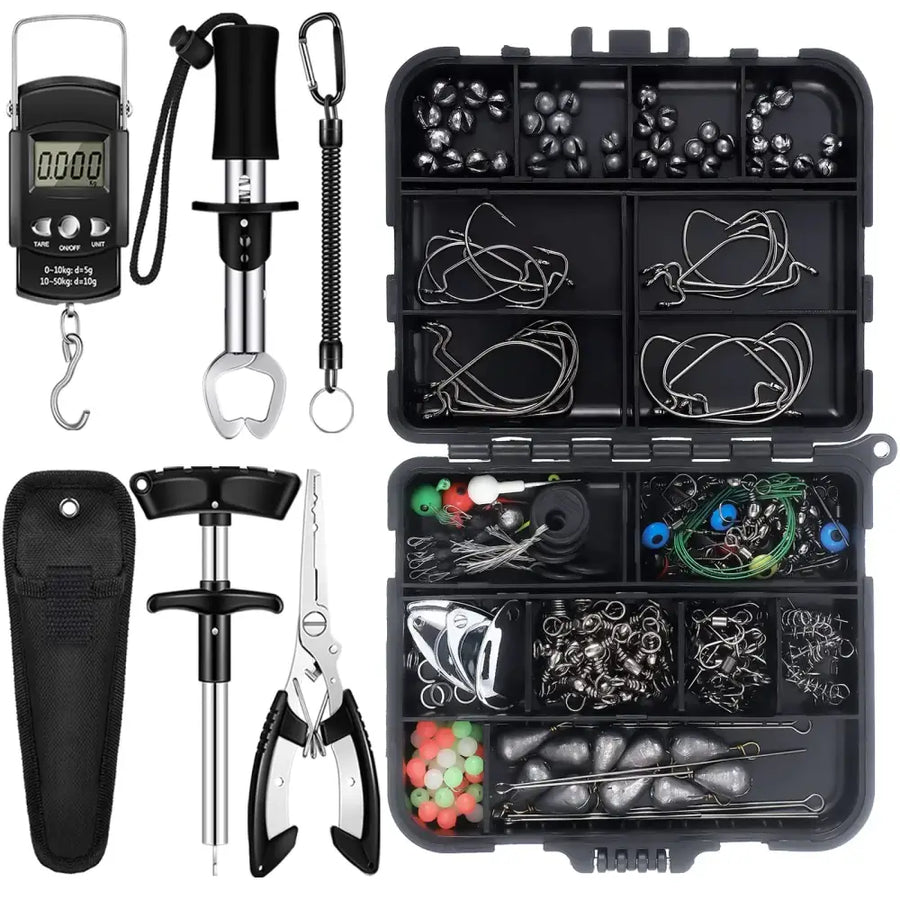 Black plastic tackle box with organized compartments holding fishing hooks, sinkers, swivels, and colorful beads.