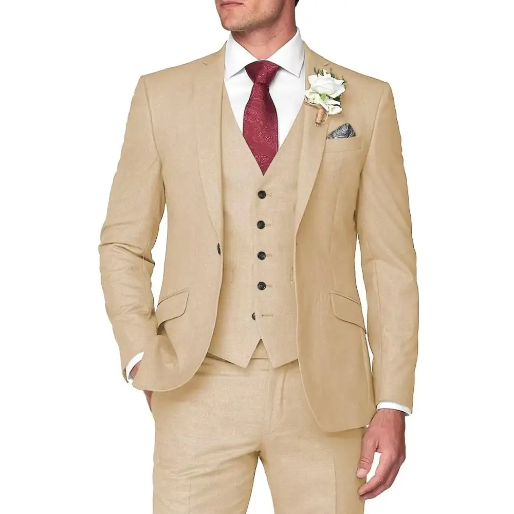 Beige three-piece suit with a subtle textured weave, featuring black buttons and matching vest.