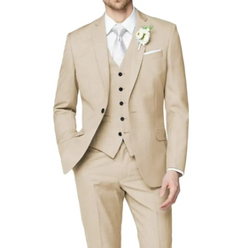Beige three-piece suit with black buttons and a white floral boutonniere.