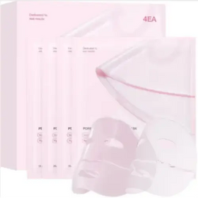 Pink 4ea facial mask sheets in clear packaging with minimalist design.
