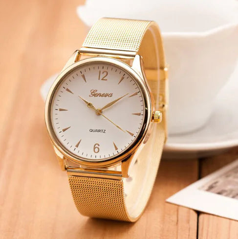 Geneva Watch with Gold Mesh Band and Double Row Diamonds - Joomcy