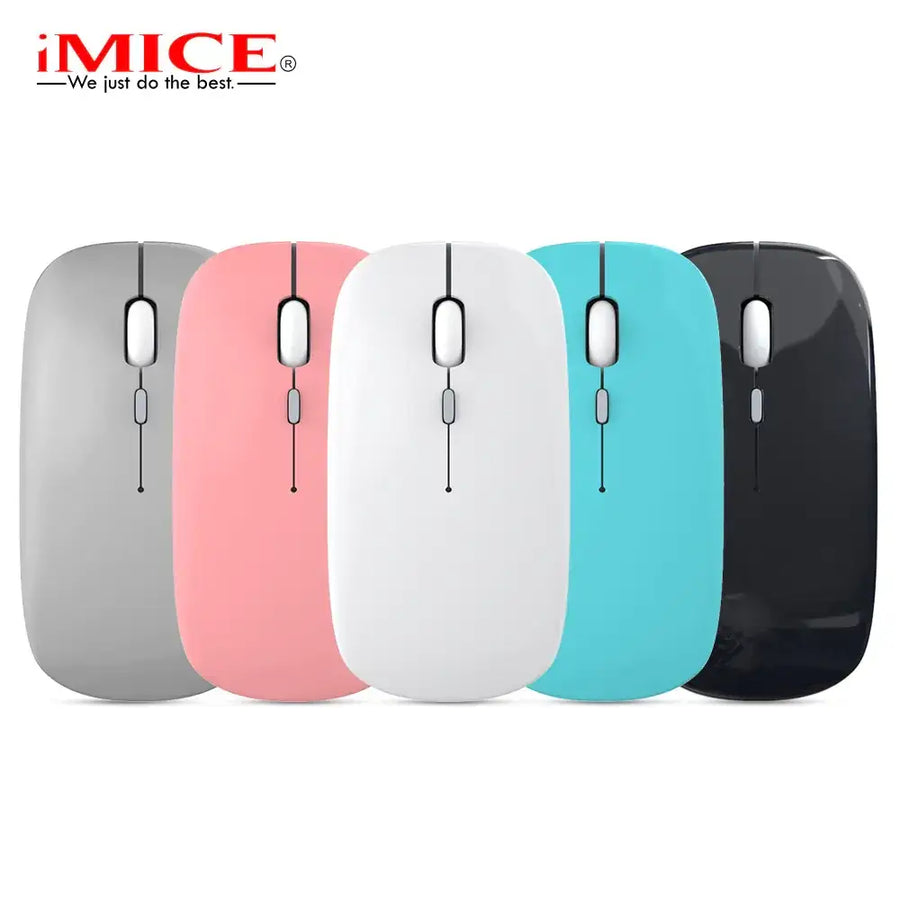 Imice brand wireless computer mouse in gray, pink, white, teal, and black.