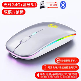 Silver wireless mouse with rgb lighting and a dual-mode bluetooth 2.4g+5.1 design for gaming or everyday use.