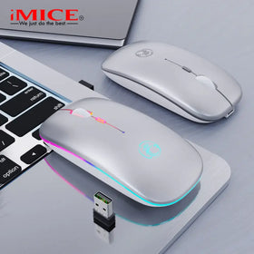 Silver wireless mouse with rgb lighting and a sleek, modern design.